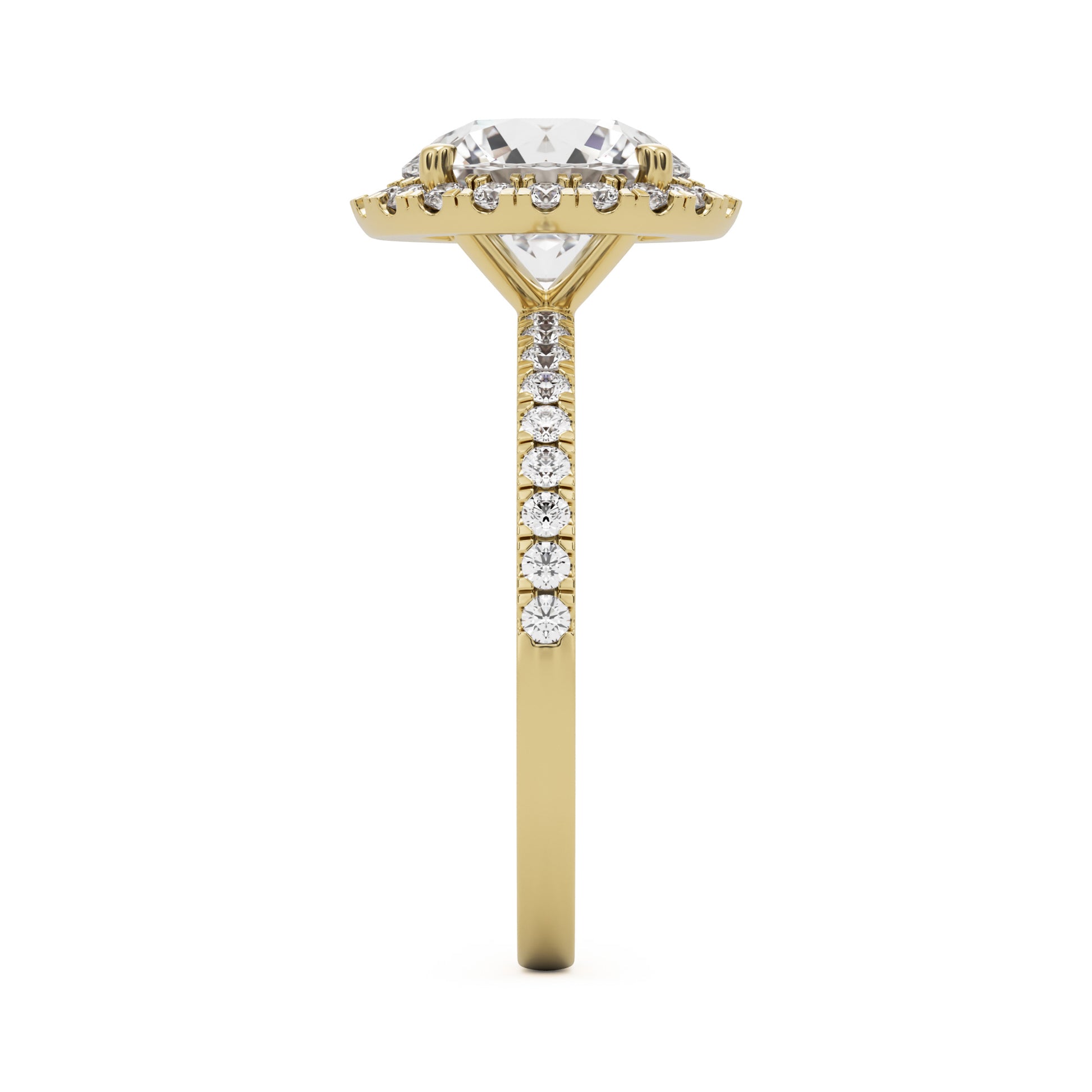 round solitaire halo pavé 14K yellow gold
