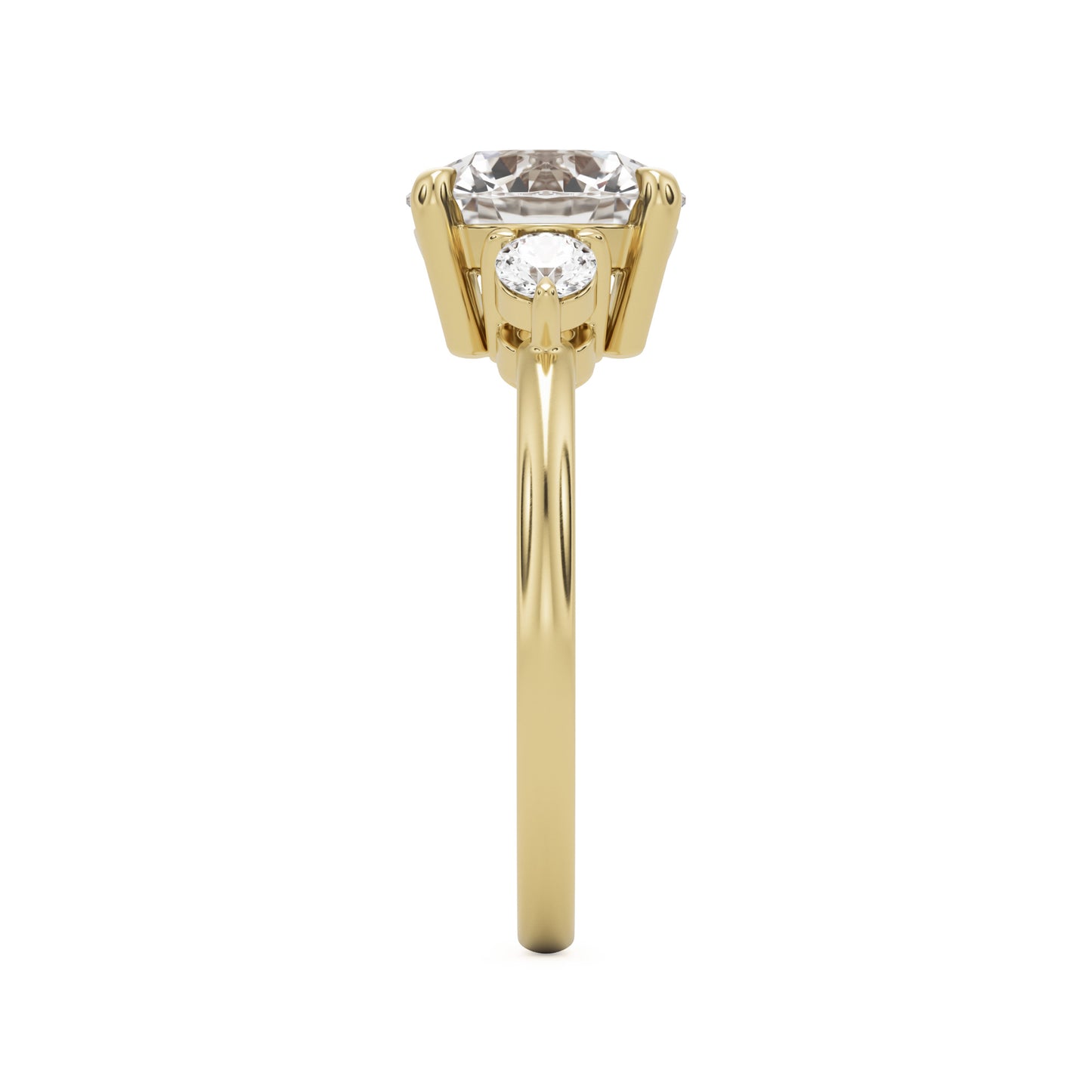 round moissanite three stone 14k yellow gold