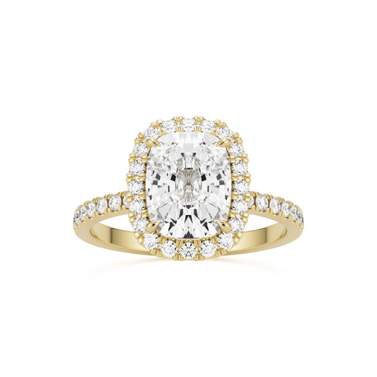 moissanite elongated cushion halo pavé solitaire 14k yellow gold front