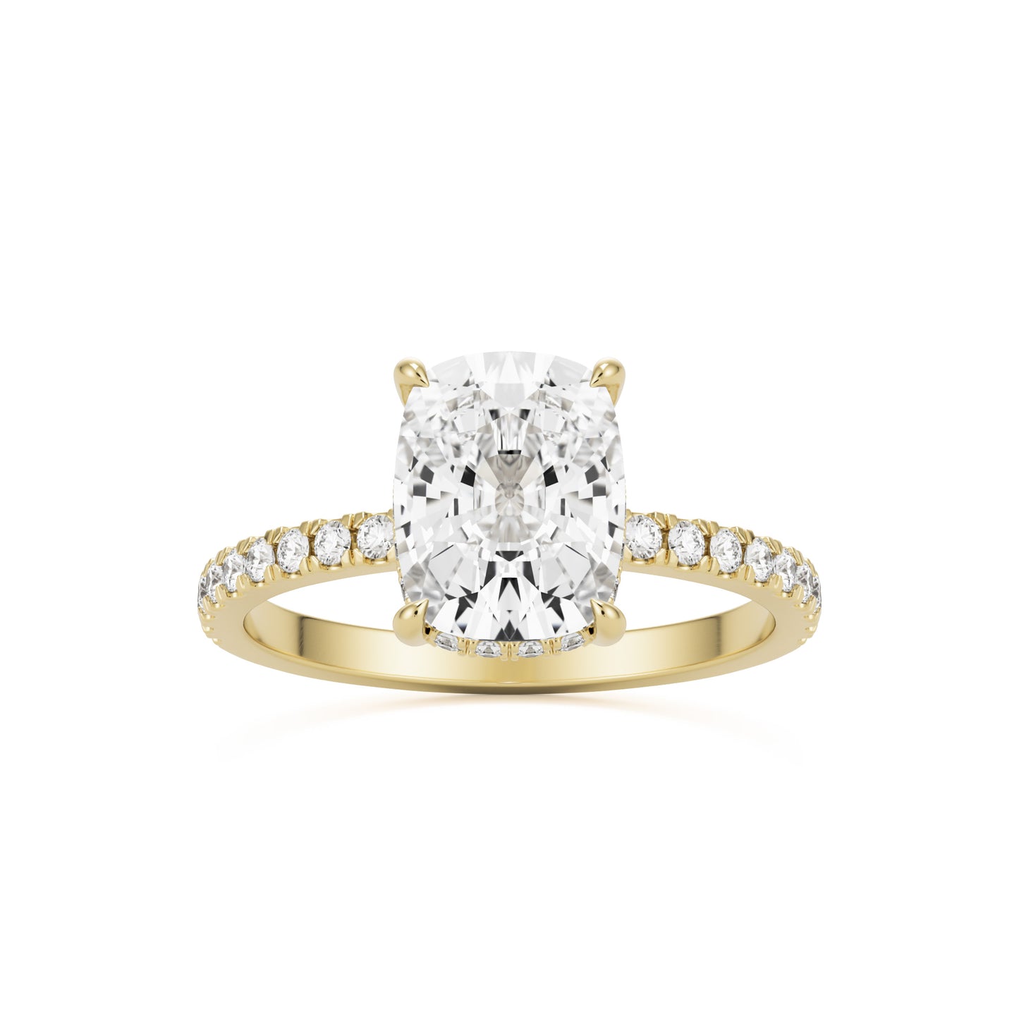 moissanite elongated cushion hidden halo pave 14k yellow gold
