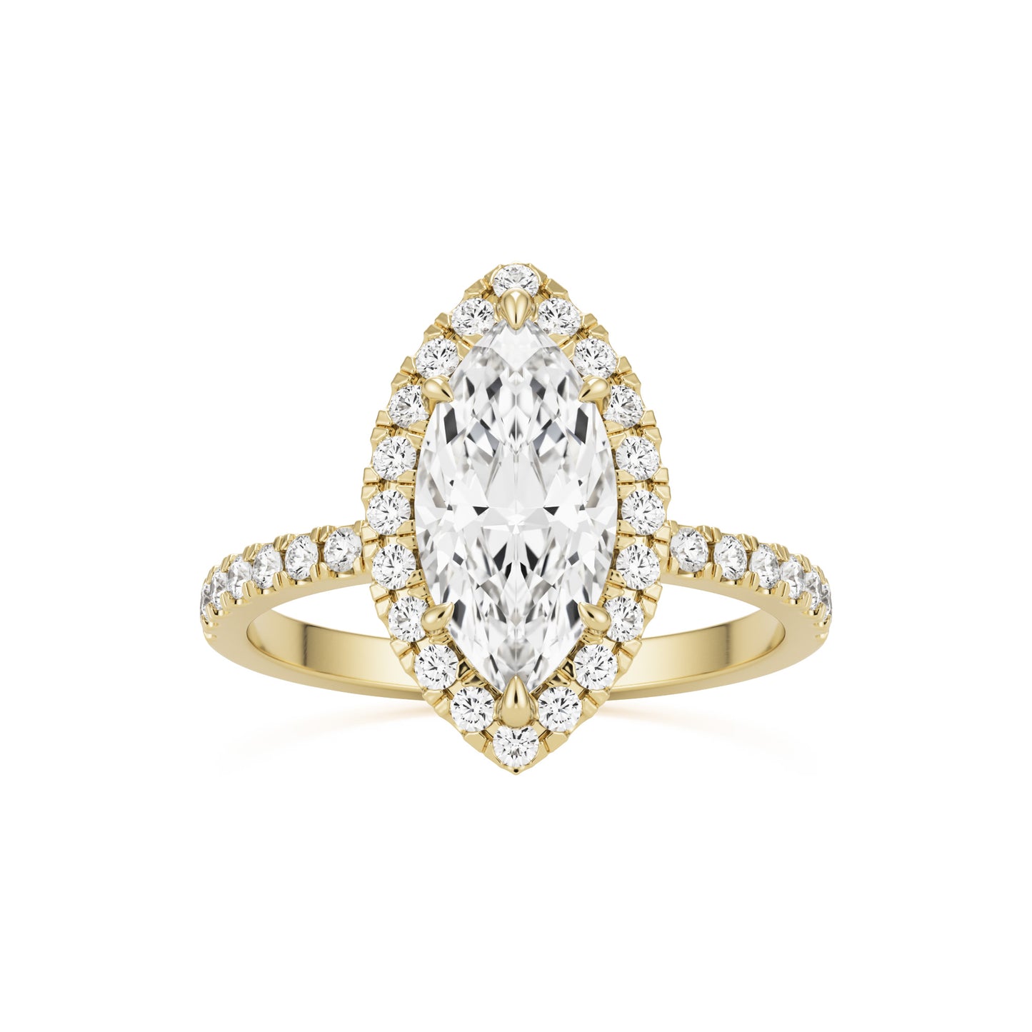 marquise moissanite halo pavé solitaire 14k yellow gold
