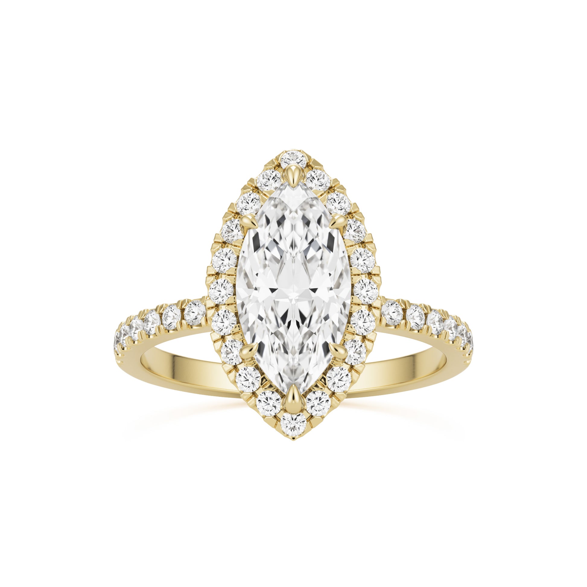 marquise moissanite halo pavé solitaire 14k yellow gold
