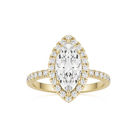 marquise moissanite halo pavé solitaire 14k yellow gold