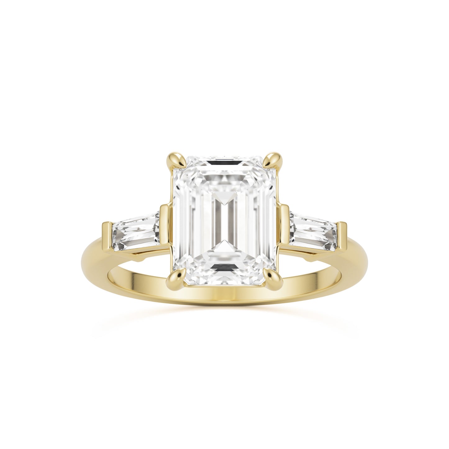 emerald moissanite three stone 14k yellow gold