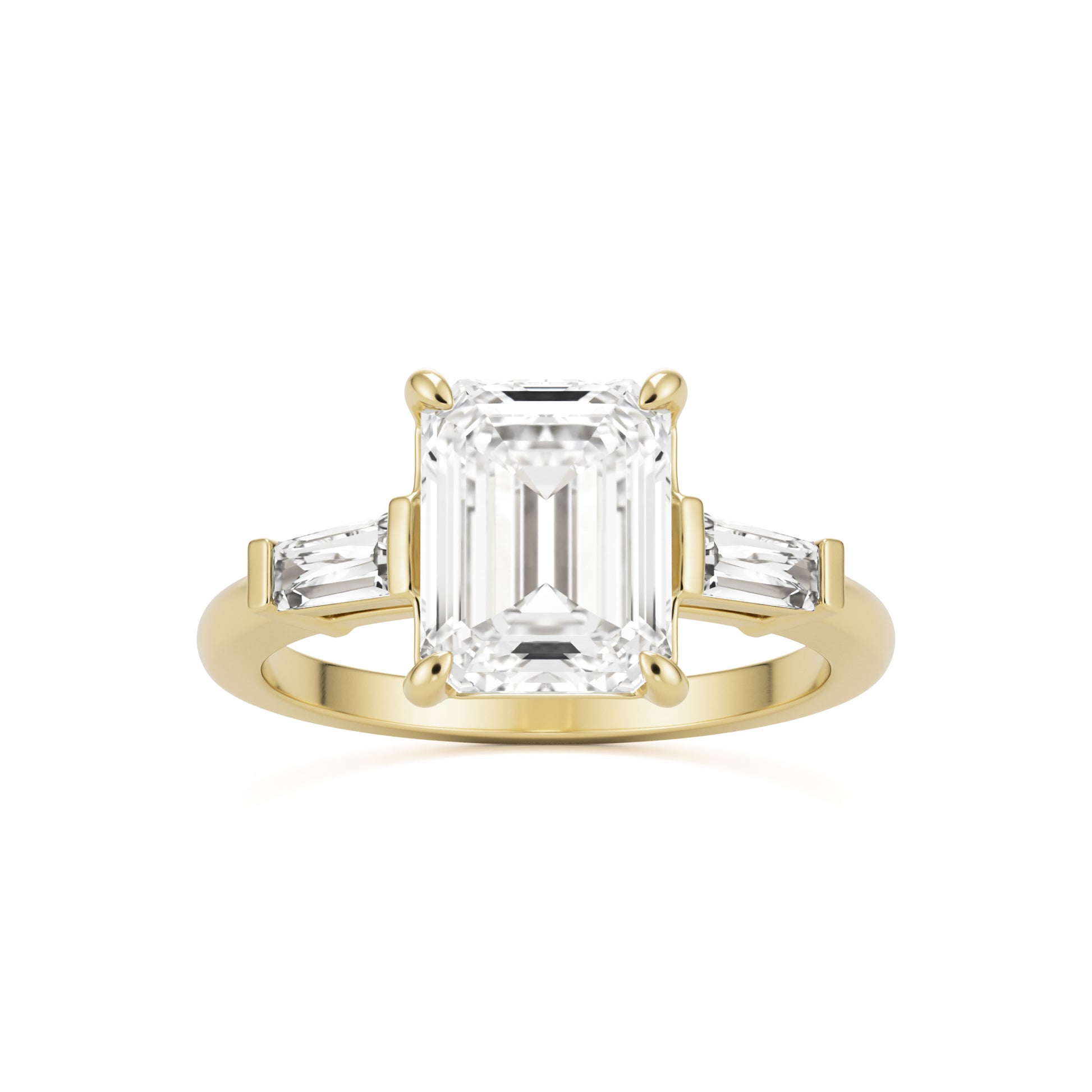 emerald moissanite three stone 14k yellow gold