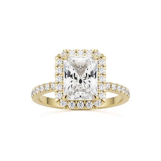 radiant moissanite halo pavé solitaire 14k yellow gold