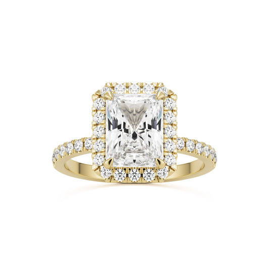 radiant moissanite halo pavé solitaire 14k yellow gold