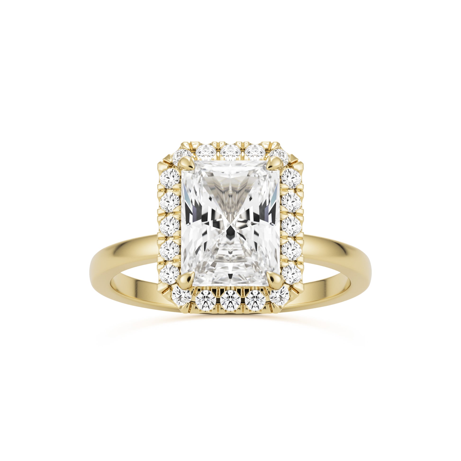 radiant moissanite halo 14k yellow gold