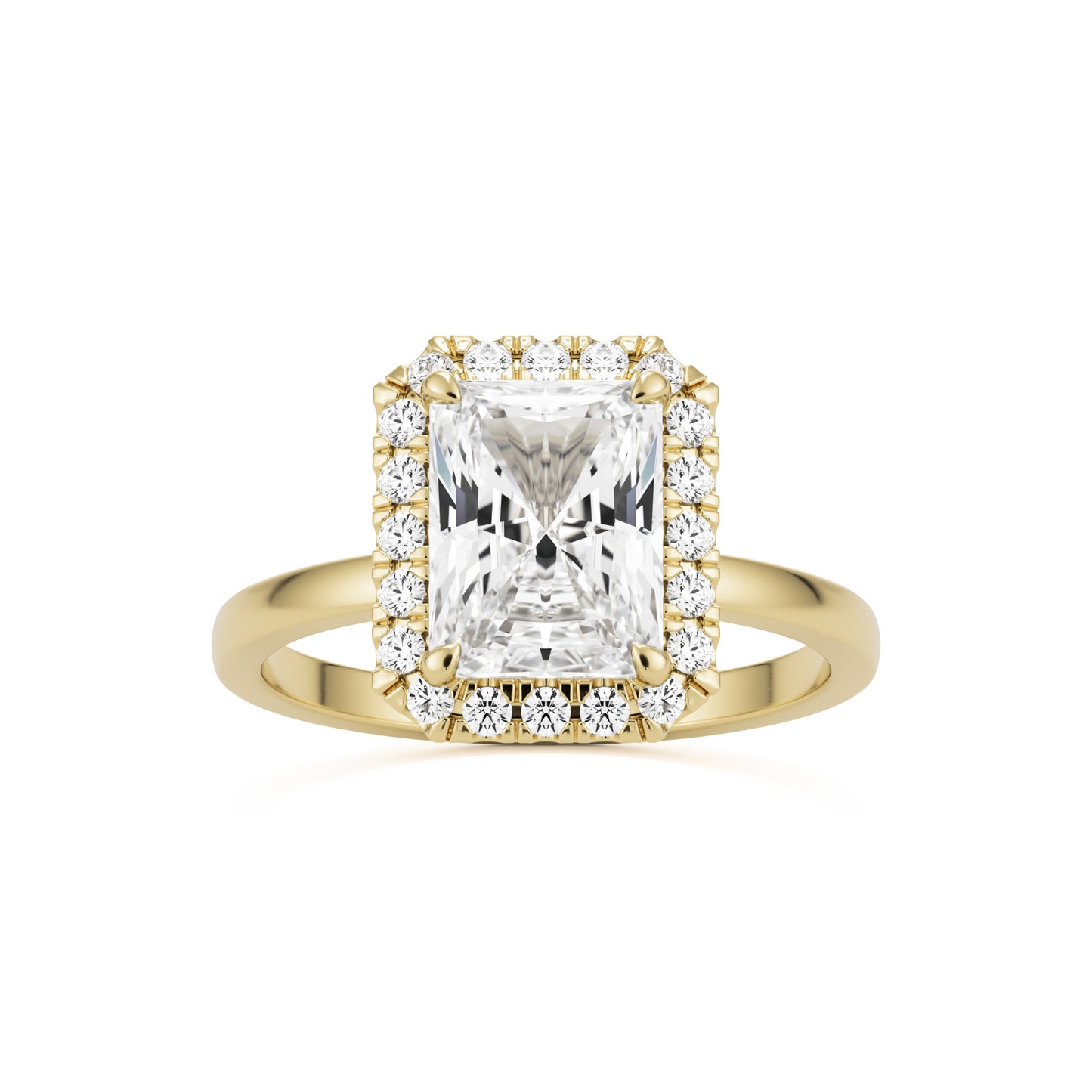 radiant moissanite halo 14k yellow gold