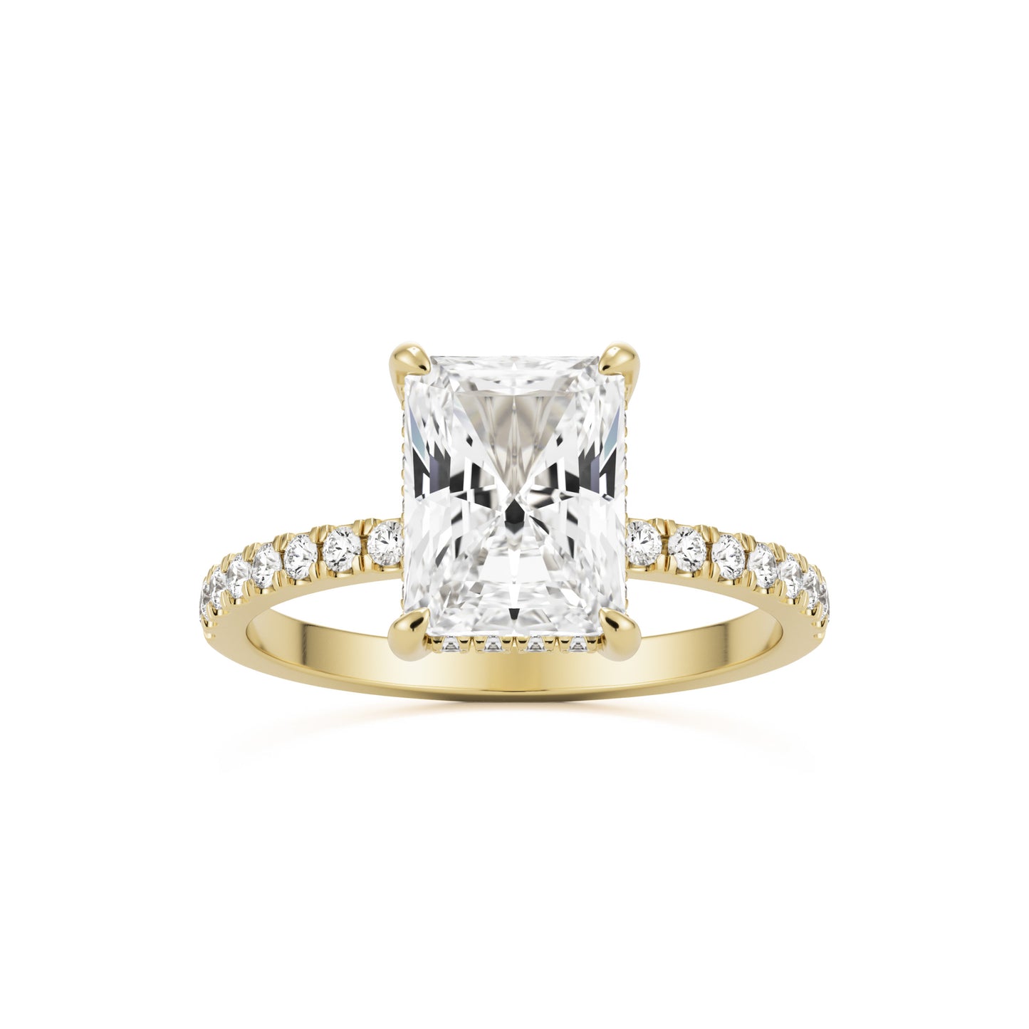 radiant moissanite hidden halo pavé solitaire 14k yellow gold