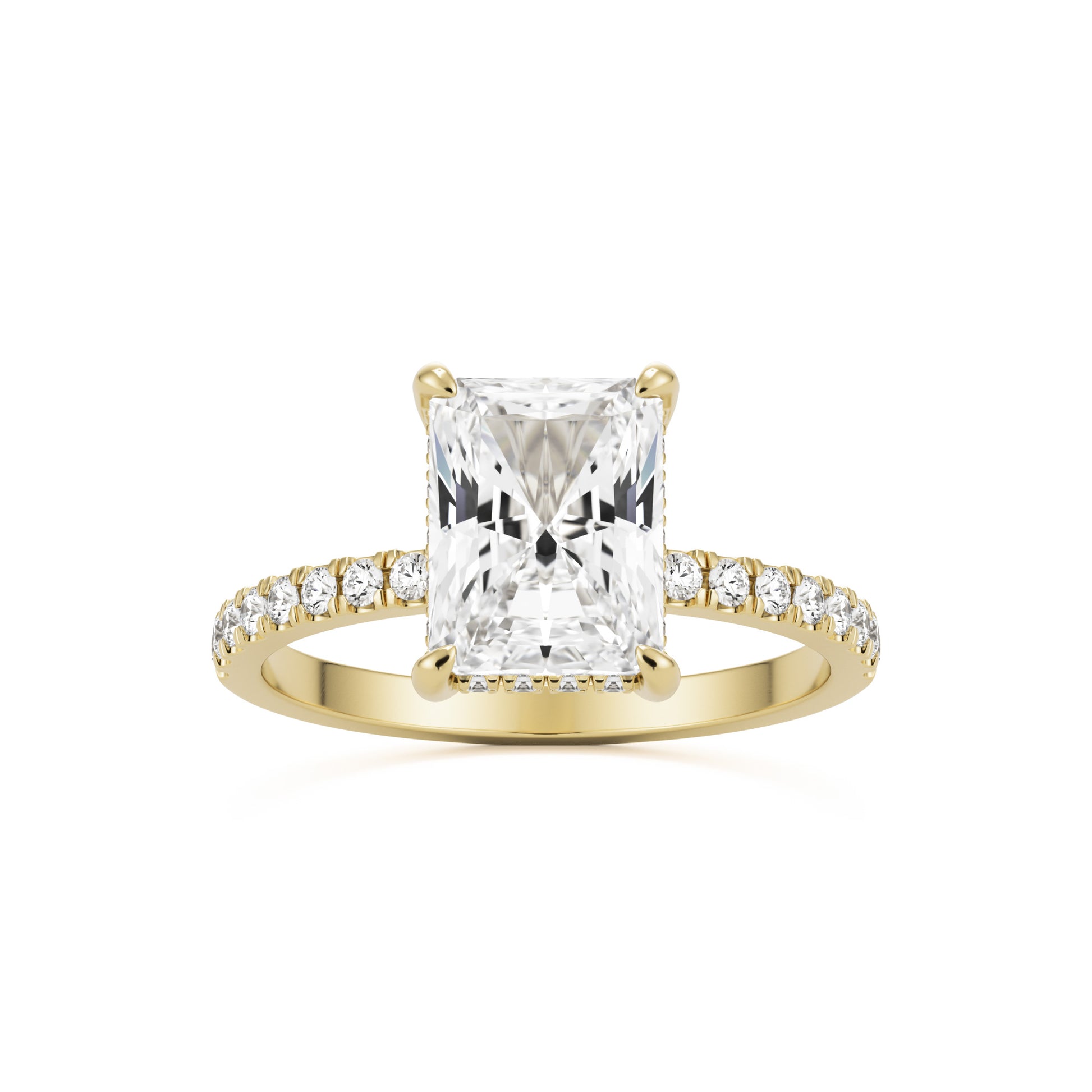 radiant moissanite hidden halo pavé solitaire 14k yellow gold