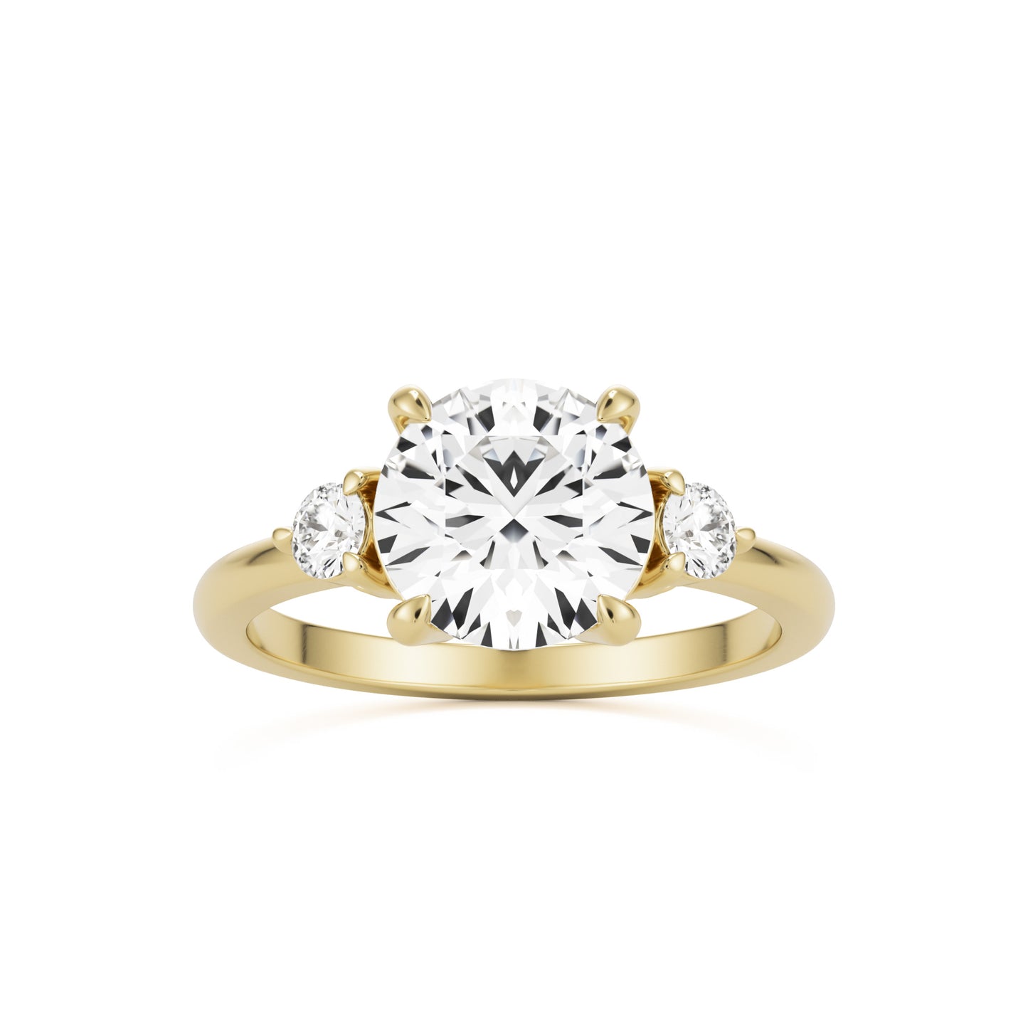 round moissanite three stone 14k yellow gold