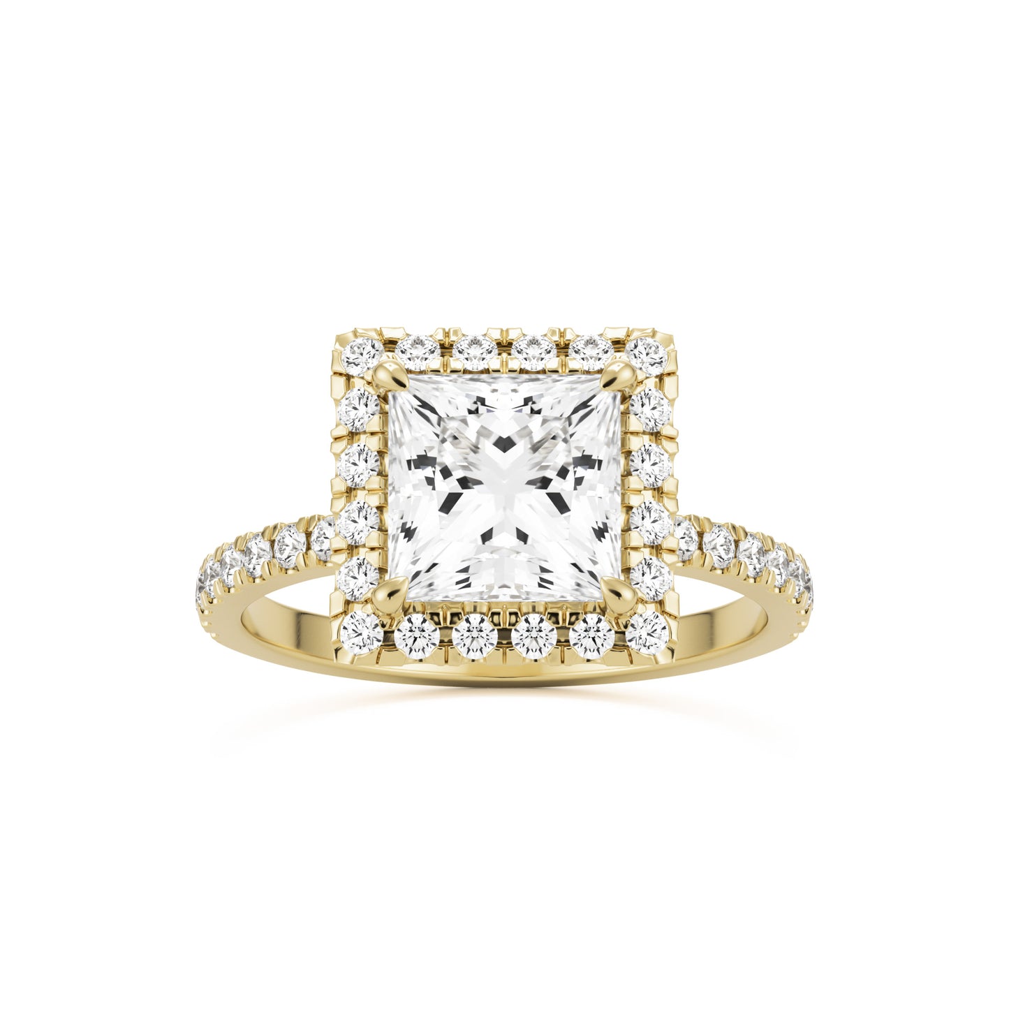 square moissanite halo pavé solitaire 14k yellow gold