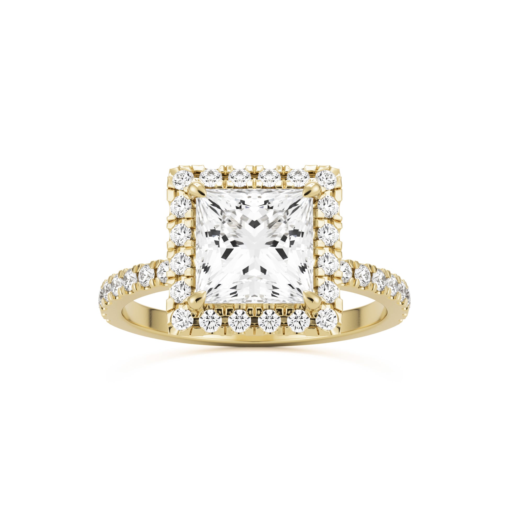 square moissanite halo pavé solitaire 14k yellow gold