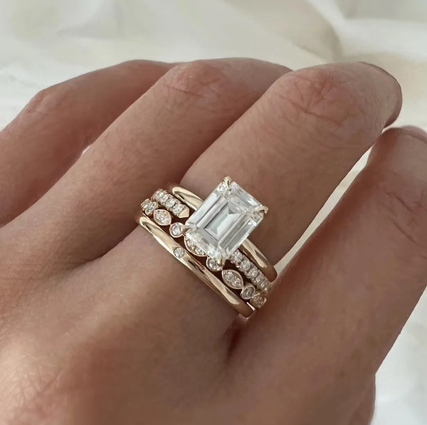 Hidden Halo Emerald Cut Engagement Ring with Wedding Band