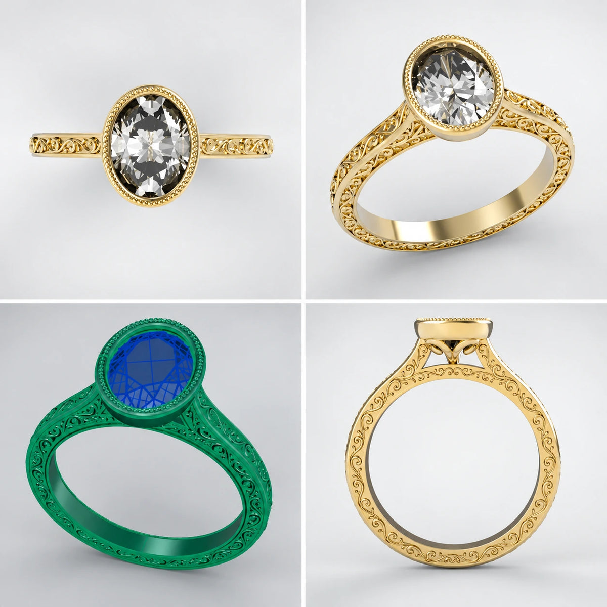 CAD - Oval Diamond on Bezel Filigree Ring