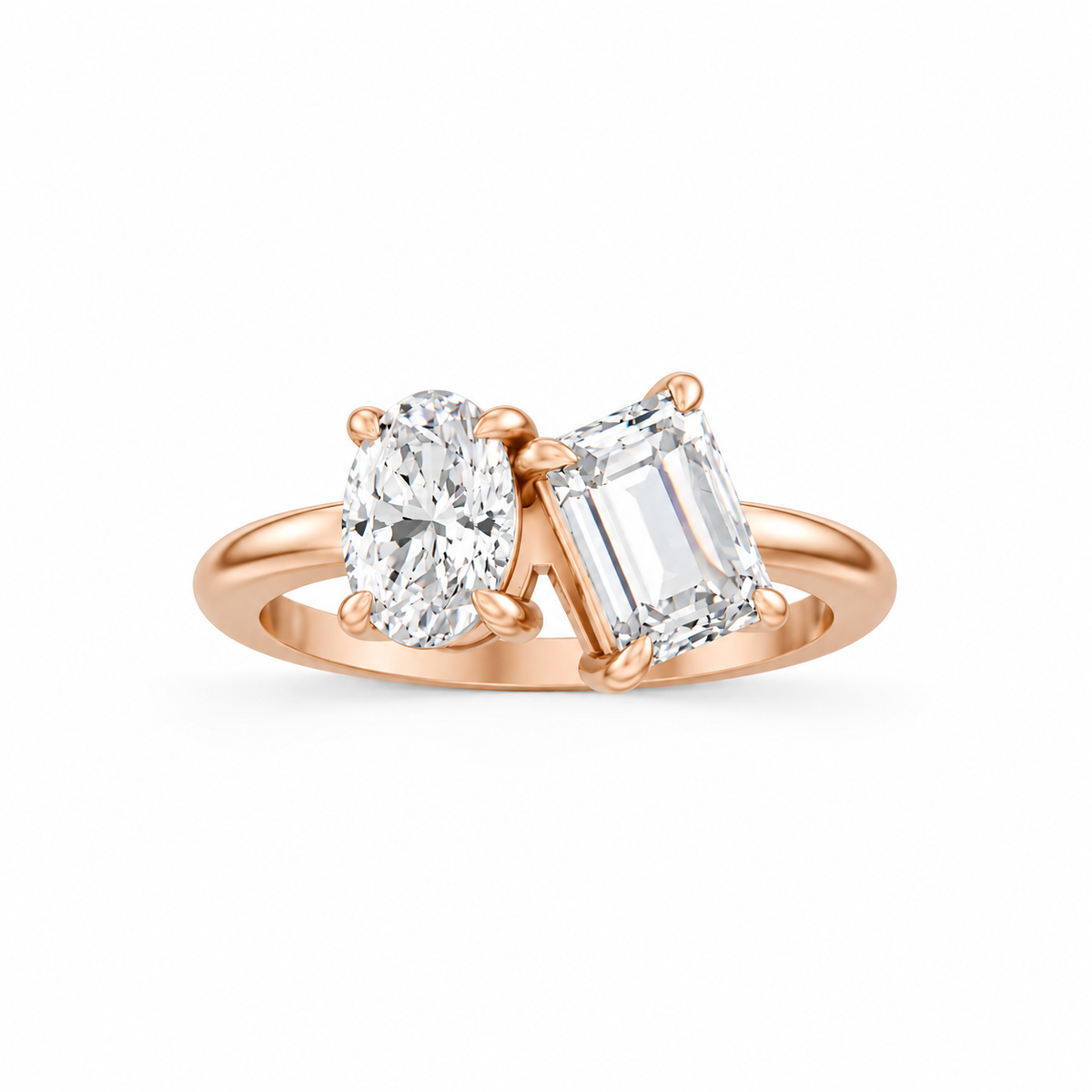 Oval Emerald Moissanite Toi Et Moi Engagement Ring 14k rose gold