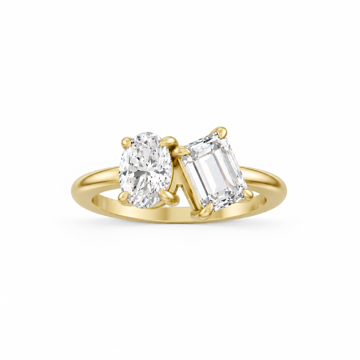 Oval Emerald Moissanite Toi Et Moi Engagement Ring 14k yellow gold