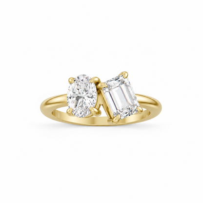 Oval Emerald Diamond Two Stone Ring 14k yellow gold