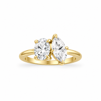Oval Marquise Diamond Two Stone Engagement Ring 14k yellow gold