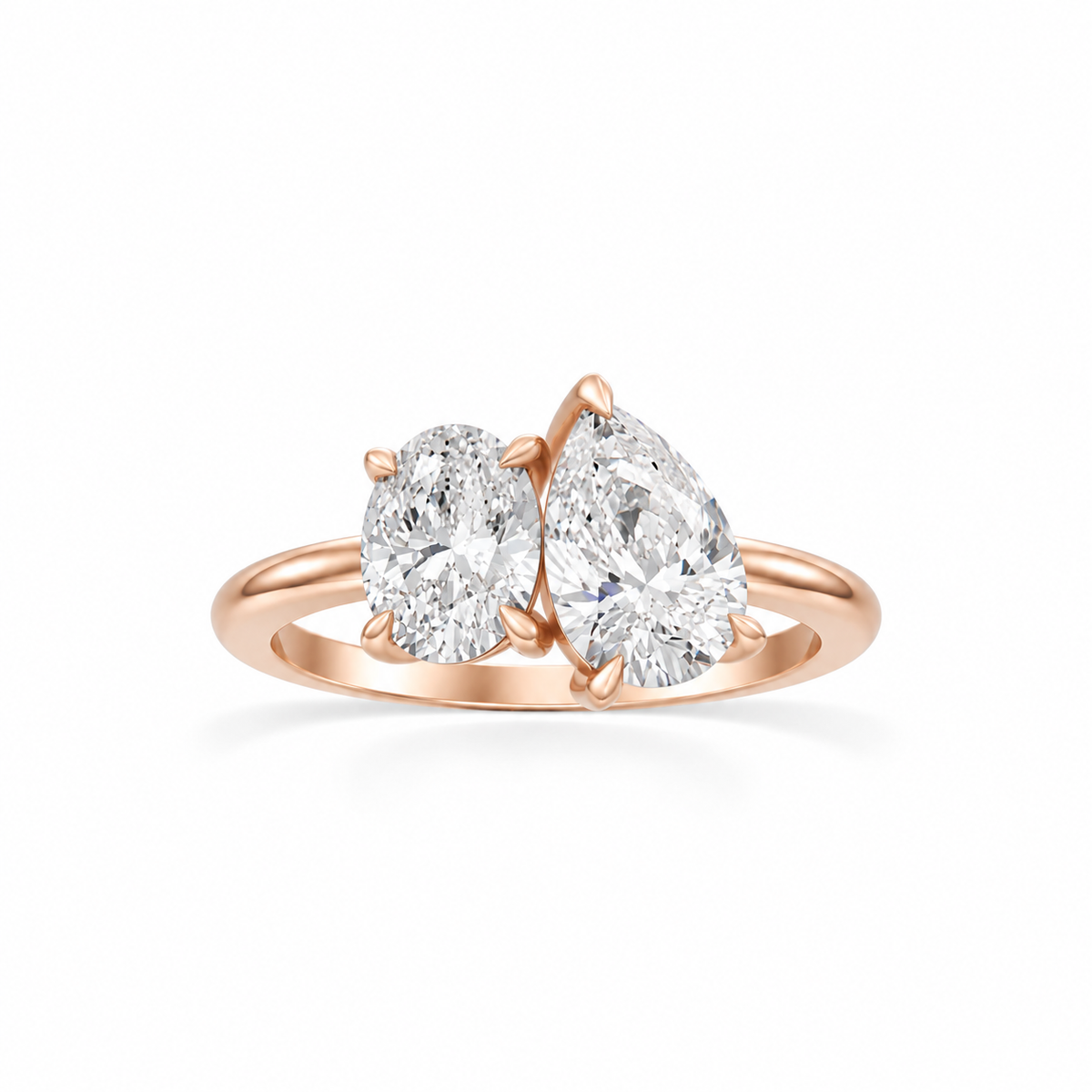 Oval and Pear Moissanite Two Stone Ring 14k rose gold