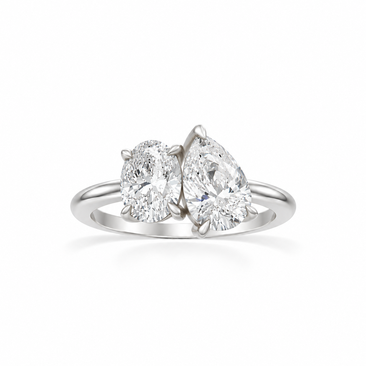 Oval and Pear Moissanite Two Stone Ring 14k white gold