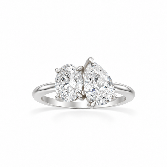 Oval and Pear Moissanite Two Stone Ring 14k white gold