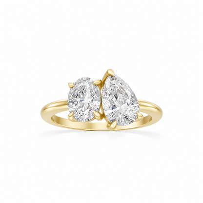 Oval and Pear Moissanite Two Stone Ring 14k yellow gold
