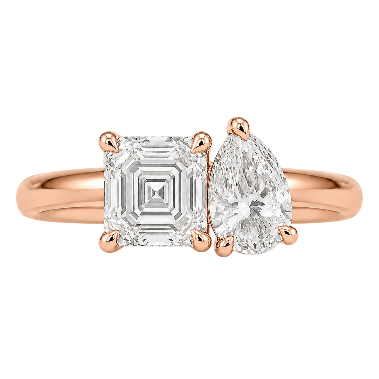 Asscher and Pear Moissanite Toi Et Moi Two Stone Engagement Ring in 14k Rose Gold