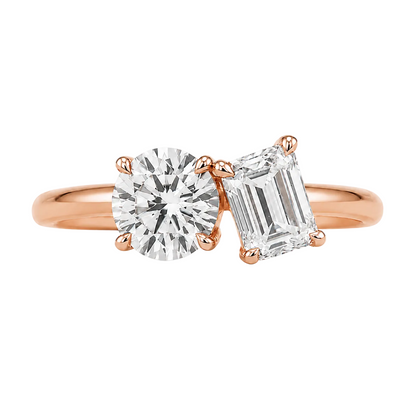 round emerald two stone toi et moi engagement ring 14k rose gold