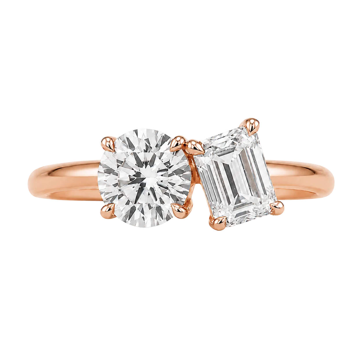 round emerald lab diamond two stone toi et moi engagement ring 14k rose gold