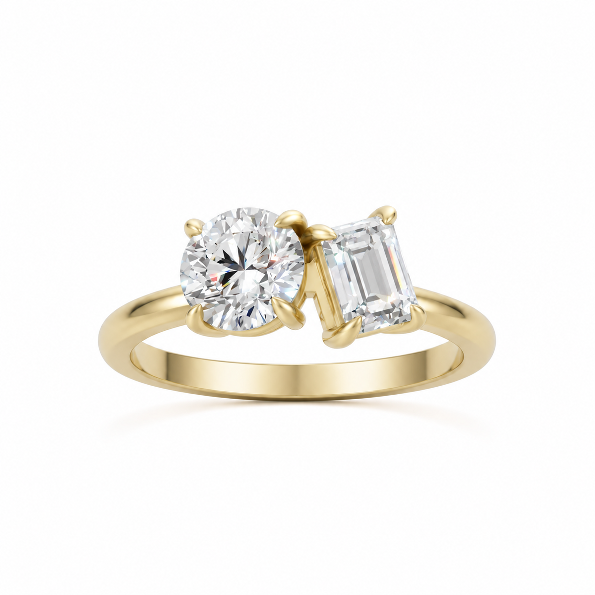 Round Emerald Moissanite Two Stone RIng 14k Yellow Gold