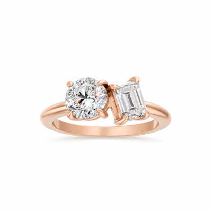 Round Emerald Moissanite Two Stone RIng 14k Rose Gold