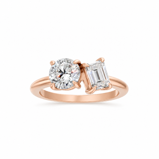Round Emerald Moissanite Two Stone RIng 14k Rose Gold