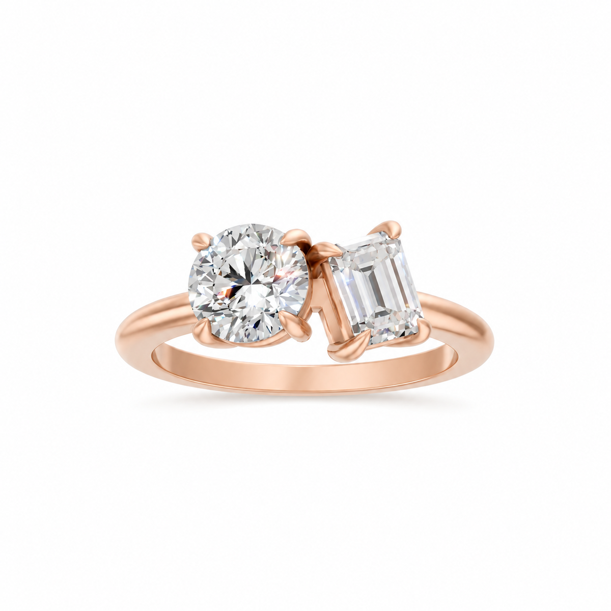 Round and Emerald Diamond ring 14k rose gold
