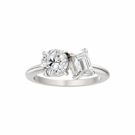 Round and Emerald Diamond ring 14k white gold