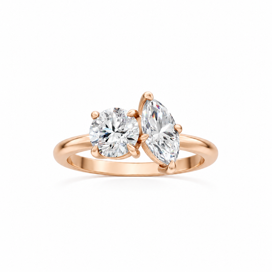 Round and Marquise Moissanite Two Stone Ring 14k rose gold