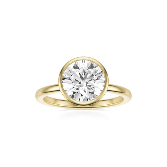 Round Bezel Moissanite Plain Band 14K Yellow Gold