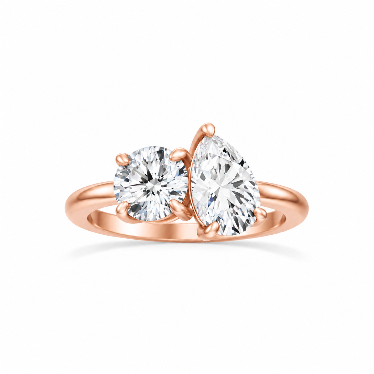 Round and Pear Moissanite Two Stone Ring 14k rose gold