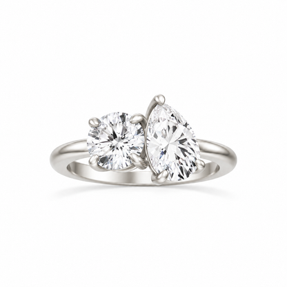 Round and Pear Moissanite Two Stone Ring 14k white gold