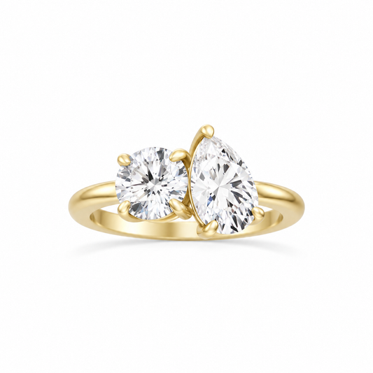 Round and Pear Moissanite Two Stone Ring 14k yellow gold