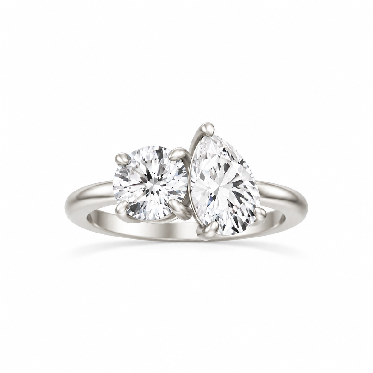 Round and Pear Moissanite Two Stone Ring platnium