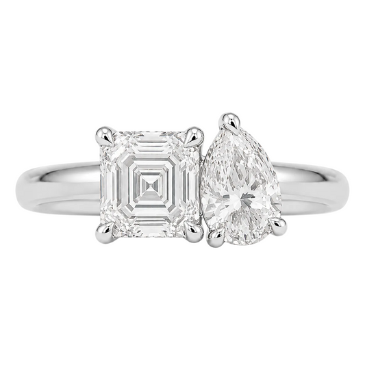 Asscher and Pear Moissanite Toi Et Moi Two Stone Engagement Ring in 14k White Gold