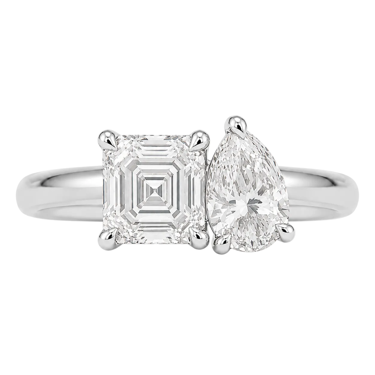 Asscher and Pear Moissanite Toi Et Moi Two Stone Engagement Ring in Platinum