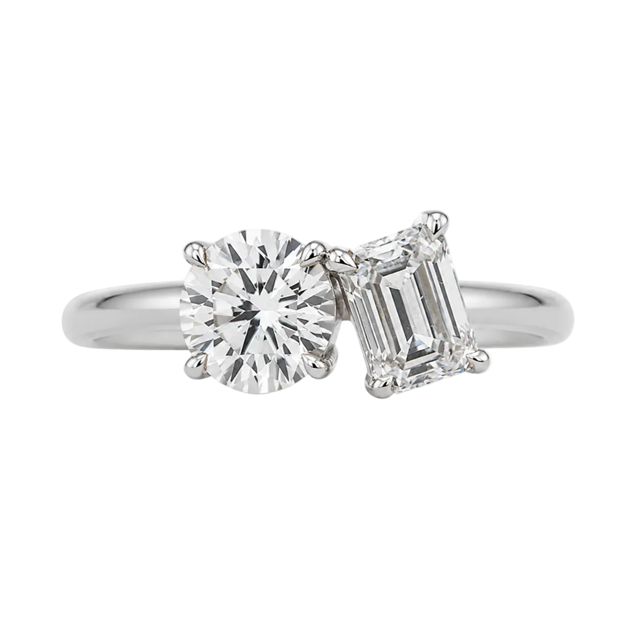 round emerald two stone toi et moi engagement ring 14k white gold