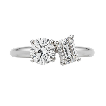 round emerald two stone toi et moi engagement ring 14k white gold