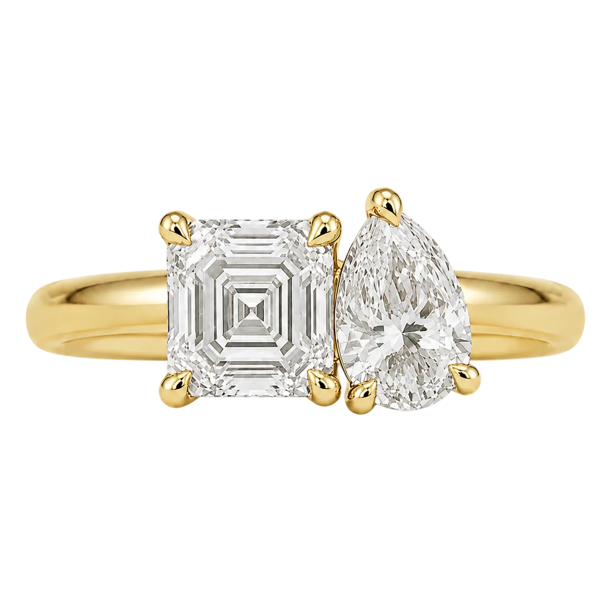 Asscher and Pear Moissanite Toi Et Moi Two Stone Engagement Ring in 14k Yellow Gold