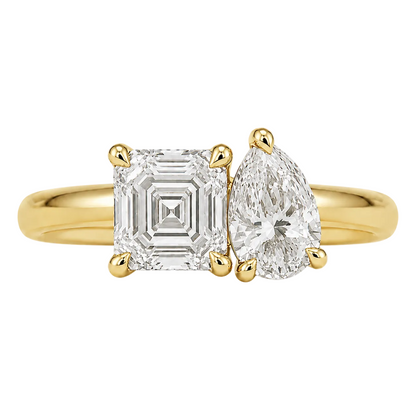 Asscher and Pear Moissanite Toi Et Moi Two Stone Engagement Ring in 14k Yellow Gold