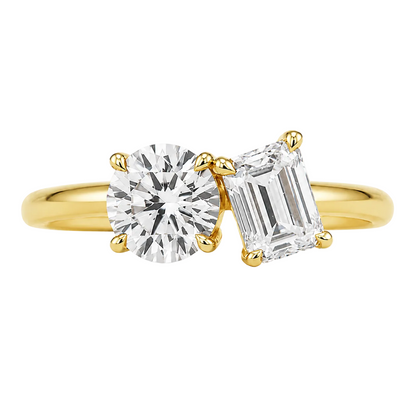 round emerald two stone toi et moi engagement ring 14k yellow gold