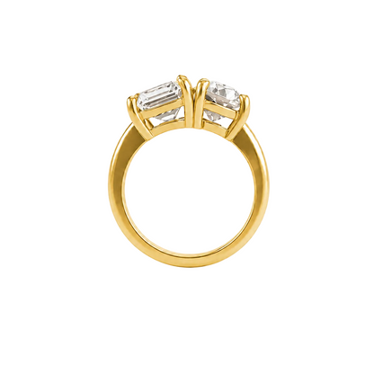 round emerald lab diamond two stone toi et moi engagement ring 14k yellow gold